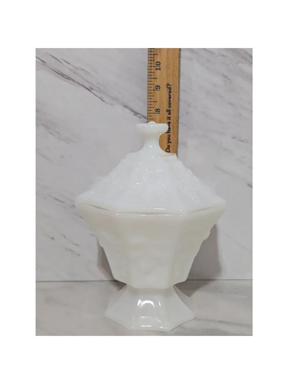 Anchor Hocking Milk Glass Lidded Pedestal Octagon Candy Dish Vase Grape Design